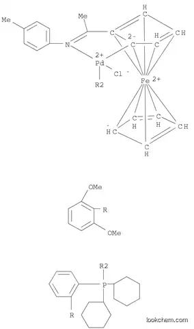 Molecular Structure of 1243312-32-4 (Palladium, chloro[dicyclohexyl(2',6'-dimethoxy[1,1'-biphenyl]-2-yl)phosphine-κP][2-[1-[(4-methylphenyl)imino-κN]ethyl]ferrocenyl-κC]-)
